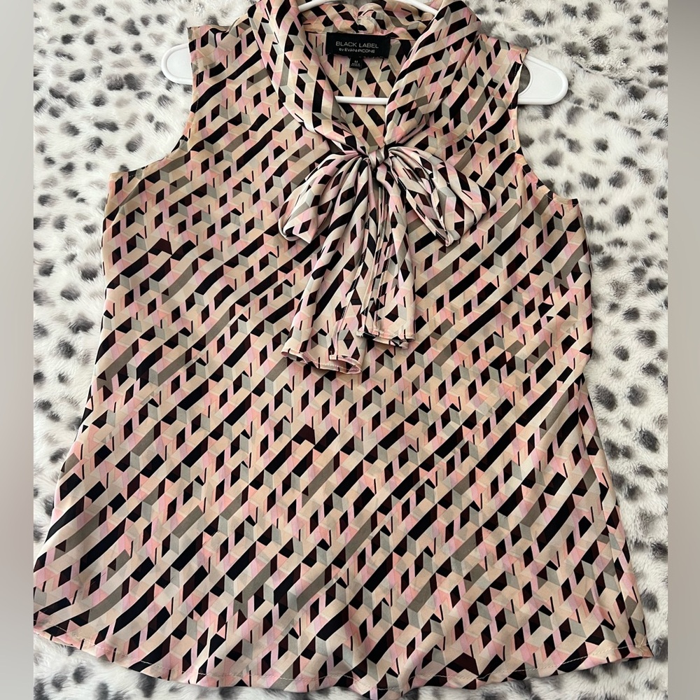 Evan Picone Pink, Black & Cream Sleeveless Bow-Tie Geometric Print Blouse